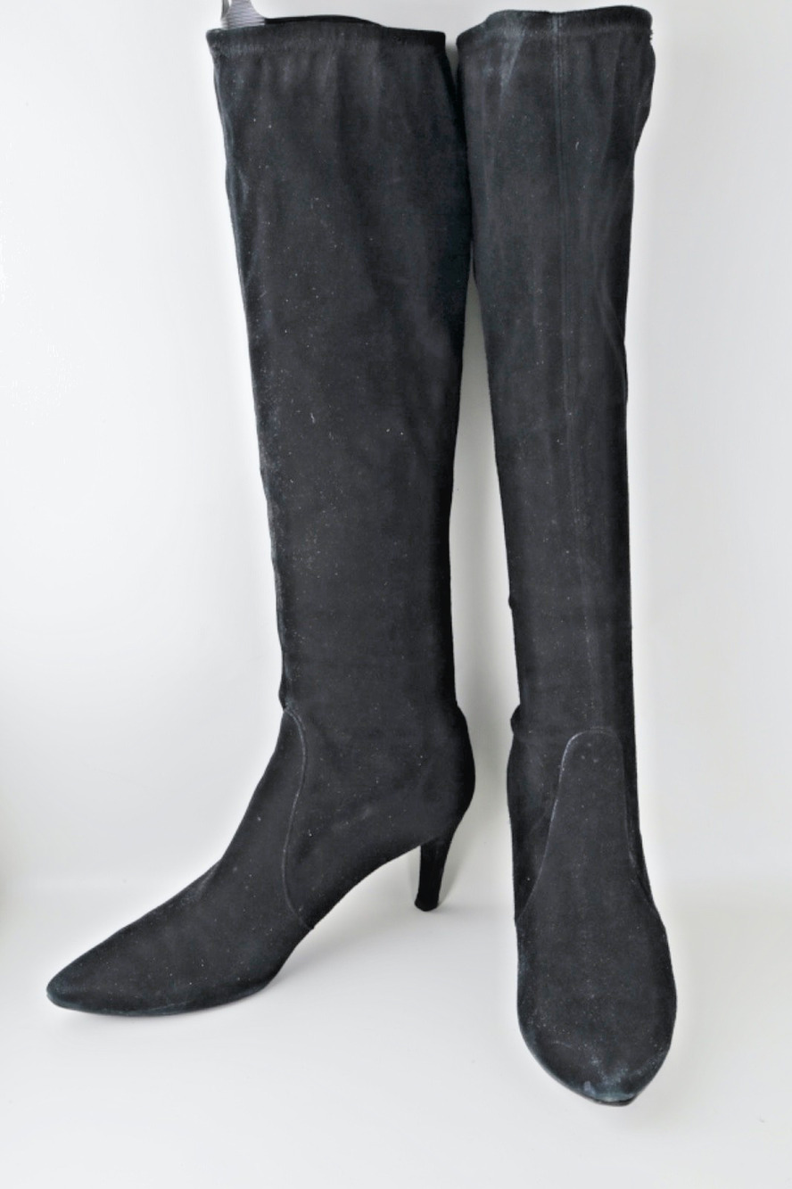 Stuart Weitzman Lafayette Slouch Boots Black Suede Pointed Toe Kitten Heel 8.5